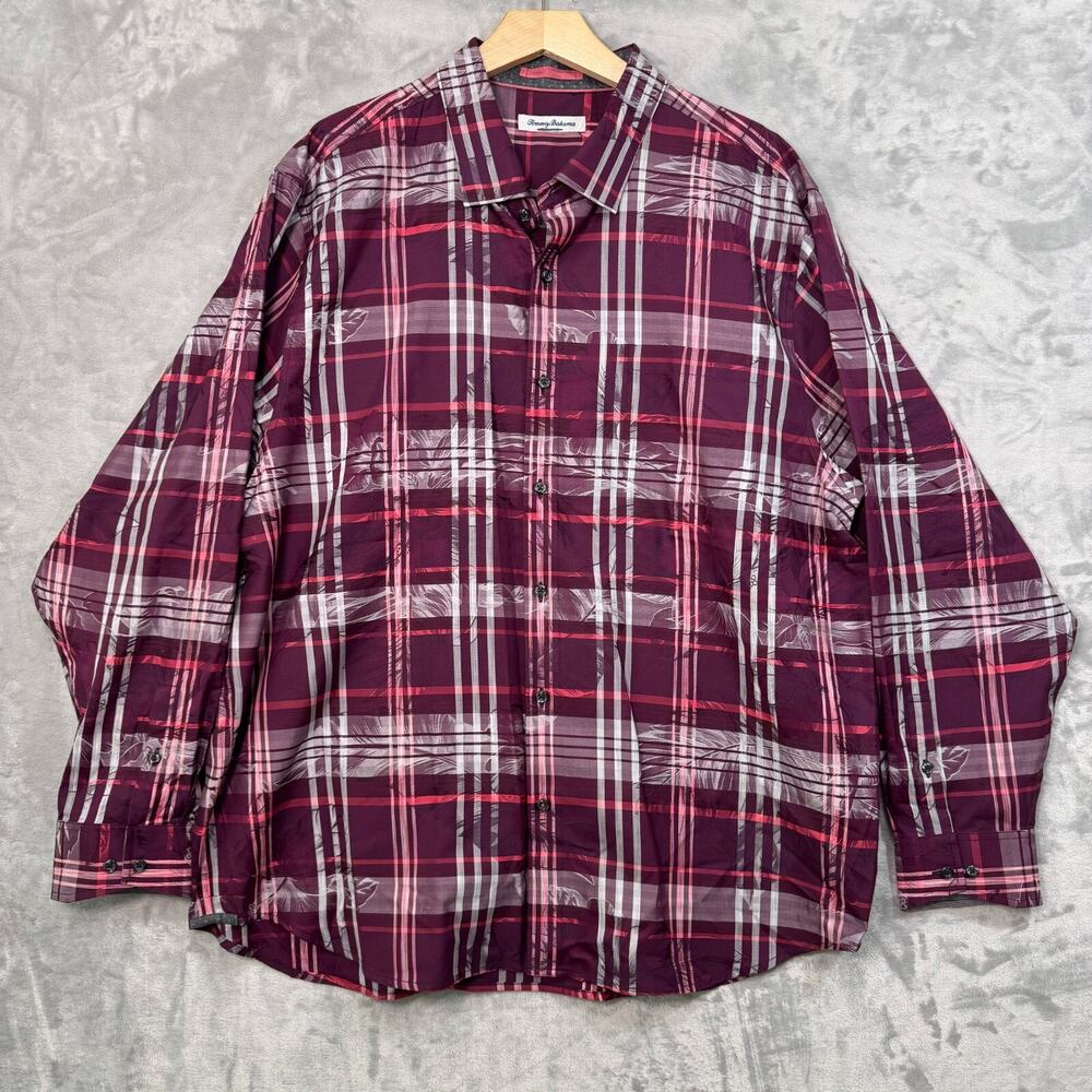 Tommy Bahama Shirt Mens XXL Purple Plaid Cotton Silk Long Sleeve Button Front